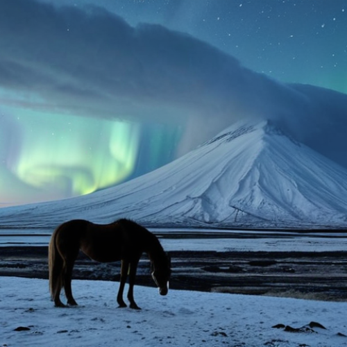 Home 11 **
A desolate Icelandic landscape with snow-capped volcanoes in the background. In the foreground, a lone figure stands silhouetted against the twilight, a horse nearby. The scene should evoke a sense of melancholy and isolation, with a muted color palette of grays, blues, and whites. Hint of Northern Lights in the sky.
**