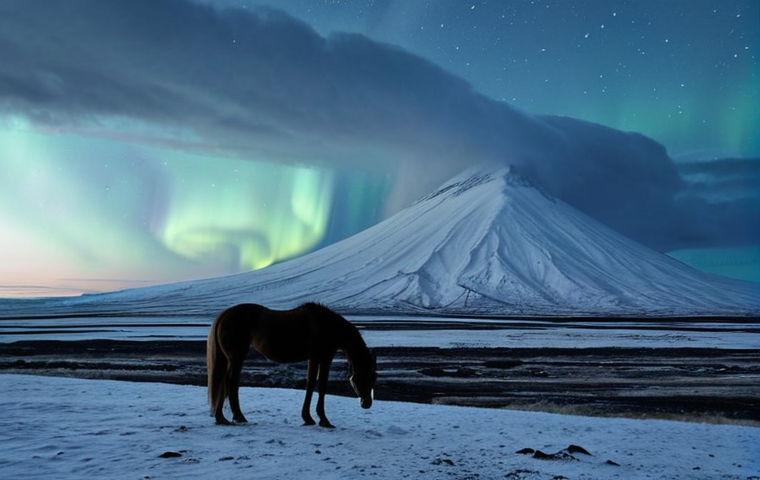 **

A desolate Icelandic landscape with snow-capped volcanoes in the background. In the foreground, a lone figure stands silhouetted against the twilight, a horse nearby. The scene should evoke a sense of melancholy and isolation, with a muted color palette of grays, blues, and whites. Hint of Northern Lights in the sky.

**