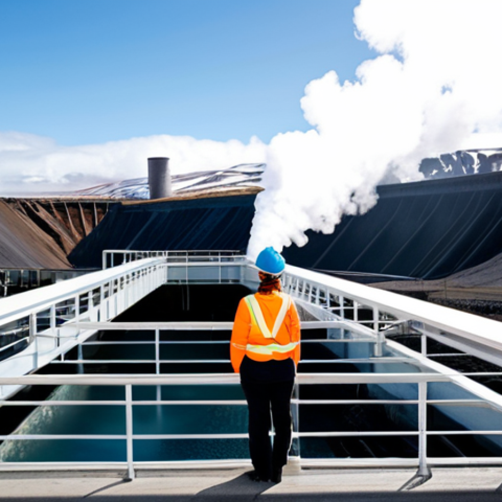 A professional female engineer in a modest, clean work uniform and safety helmet, standing on an observation deck. The scene captures a vast, modern geothermal power plant with large pipes emitting controlled steam, harmoniously integrated into the unique Icelandic volcanic landscape under a clear, bright sky. Nearby, a majestic hydroelectric dam structure channels powerful water. Perfect anatomy, correct proportions, natural pose, well-formed hands, proper finger count, natural body proportions, professional photography, high quality, sharp focus, vibrant colors, safe for work, appropriate content, fully clothed, professional, family-friendly.