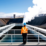 A professional female engineer in a modest, clean work uniform and safety helmet, standing on an observation deck. The scene captures a vast, modern geothermal power plant with large pipes emitting controlled steam, harmoniously integrated into the unique Icelandic volcanic landscape under a clear, bright sky. Nearby, a majestic hydroelectric dam structure channels powerful water. Perfect anatomy, correct proportions, natural pose, well-formed hands, proper finger count, natural body proportions, professional photography, high quality, sharp focus, vibrant colors, safe for work, appropriate content, fully clothed, professional, family-friendly.