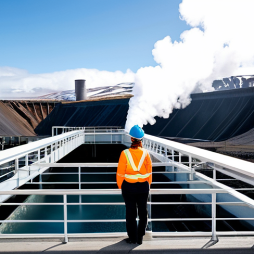 Home 6 A professional female engineer in a modest, clean work uniform and safety helmet, standing on an observation deck. The scene captures a vast, modern geothermal power plant with large pipes emitting controlled steam, harmoniously integrated into the unique Icelandic volcanic landscape under a clear, bright sky. Nearby, a majestic hydroelectric dam structure channels powerful water. Perfect anatomy, correct proportions, natural pose, well-formed hands, proper finger count, natural body proportions, professional photography, high quality, sharp focus, vibrant colors, safe for work, appropriate content, fully clothed, professional, family-friendly.