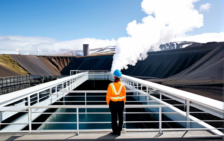 A professional female engineer in a modest, clean work uniform and safety helmet, standing on an observation deck. The scene captures a vast, modern geothermal power plant with large pipes emitting controlled steam, harmoniously integrated into the unique Icelandic volcanic landscape under a clear, bright sky. Nearby, a majestic hydroelectric dam structure channels powerful water. Perfect anatomy, correct proportions, natural pose, well-formed hands, proper finger count, natural body proportions, professional photography, high quality, sharp focus, vibrant colors, safe for work, appropriate content, fully clothed, professional, family-friendly.