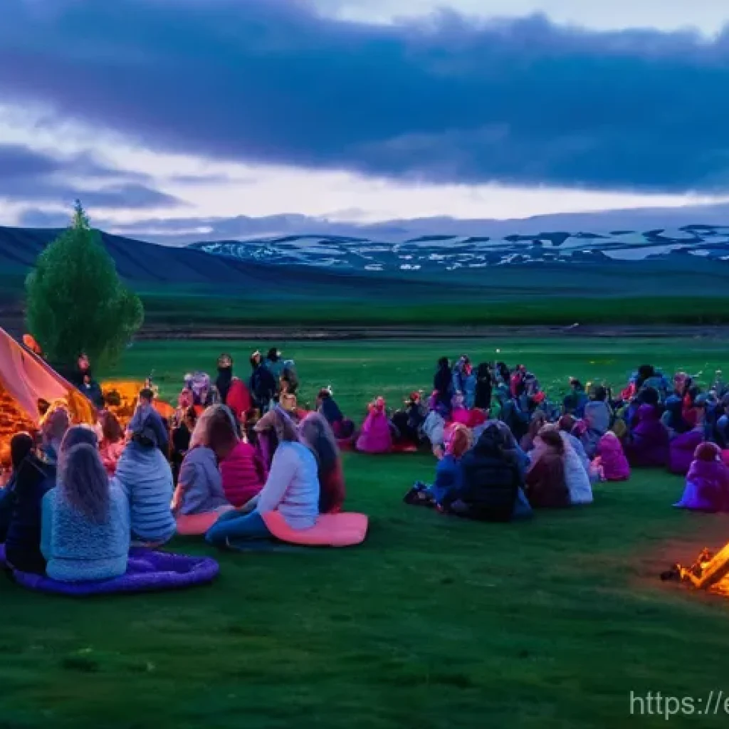 아이슬란드 전통 축제 - An enchanting outdoor summer solstice celebration in Iceland under the ethereal glow of the midnight...