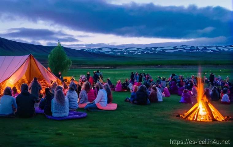 아이슬란드 전통 축제 - An enchanting outdoor summer solstice celebration in Iceland under the ethereal glow of the midnight...