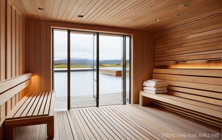 레이캬비크 핀란드식 사우나 체험 - **Prompt:** A serene and minimalist interior of a modern Finnish sauna in Reykjavik. Soft, warm, dif...