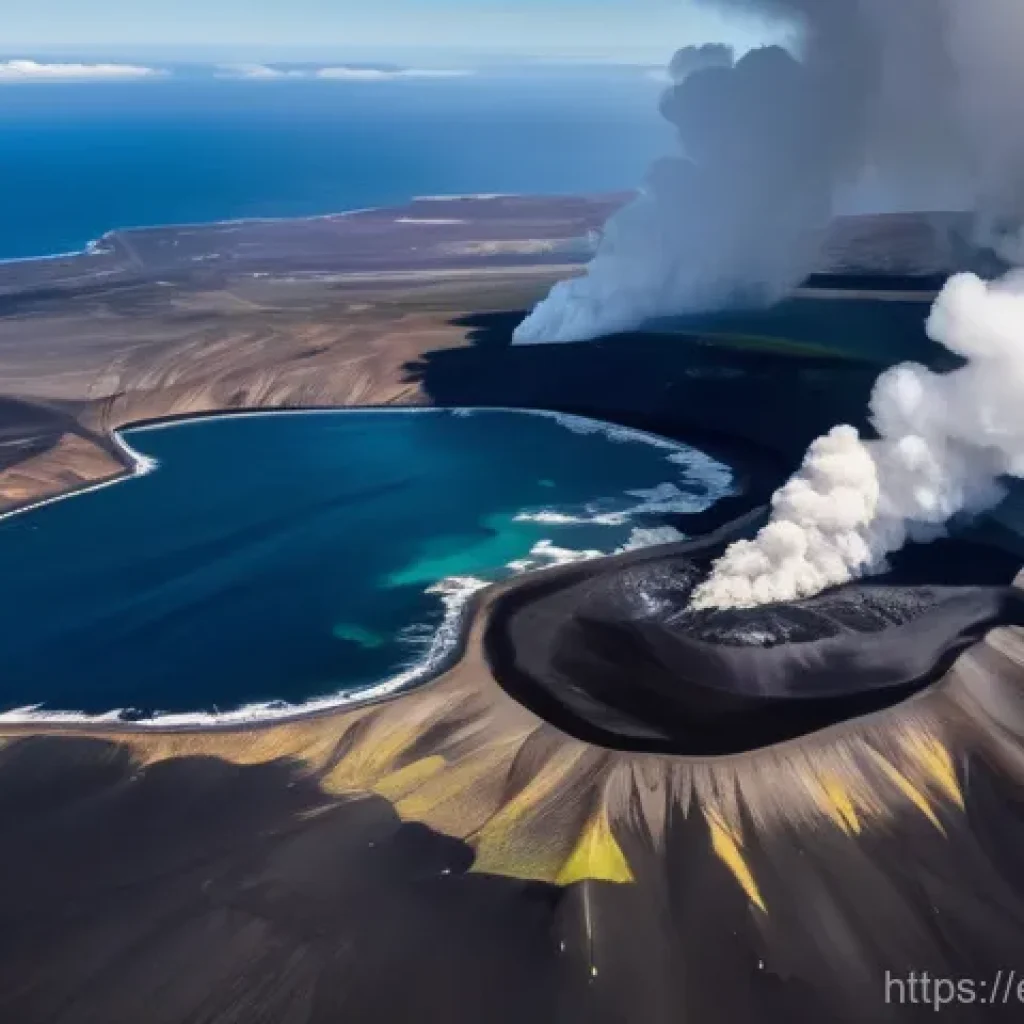 아이슬란드 지진 위험 지역 - **Prompt:** A breathtaking aerial view of the Reykjanes Peninsula during an effusive volcanic erupti...