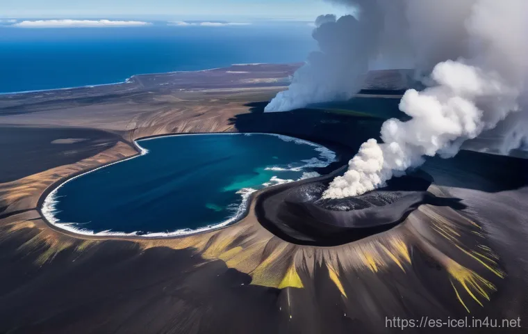 아이슬란드 지진 위험 지역 - **Prompt:** A breathtaking aerial view of the Reykjanes Peninsula during an effusive volcanic erupti...