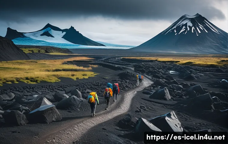 아이슬란드 관광객 실종 사건 - A rugged Icelandic landscape featuring towering active volcanoes with smoke gently rising, vast glac...