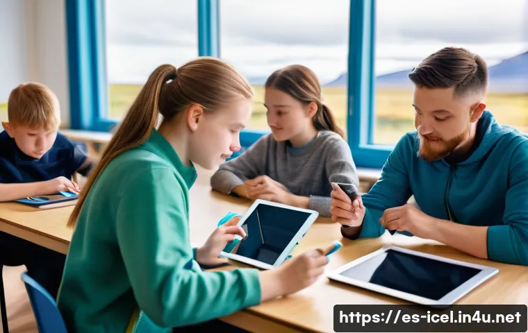 아이슬란드 vs 핀란드 교육 제도 - A bright, modern Icelandic classroom scene showing diverse students engaged in creative, flexible le...