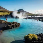 Home 16 아이슬란드 블루라군 온천 - A serene outdoor scene of the Blue Lagoon geothermal spa in Iceland during summer morning hours, fea...