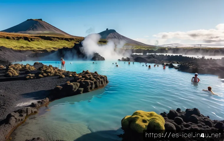 아이슬란드 블루라군 온천 - A serene outdoor scene of the Blue Lagoon geothermal spa in Iceland during summer morning hours, fea...