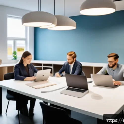 Home 15 아이슬란드 노동시장과 실업률 - A modern Icelandic workplace scene showing diverse professionals engaged in a collaborative meeting,...