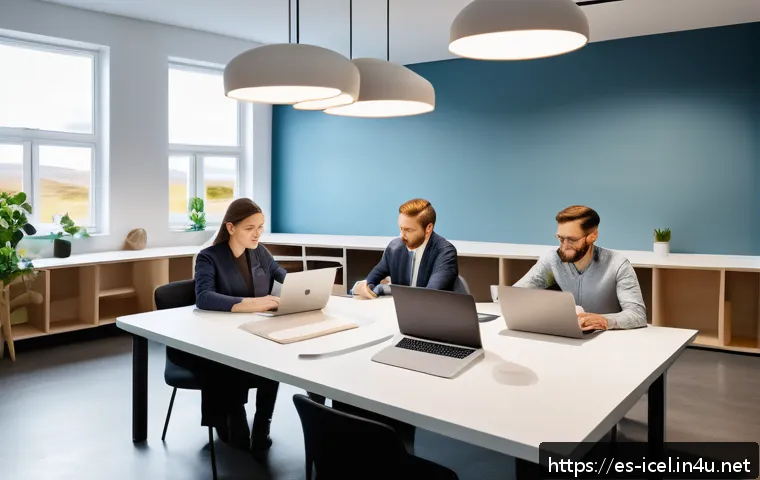 아이슬란드 노동시장과 실업률 - A modern Icelandic workplace scene showing diverse professionals engaged in a collaborative meeting,...