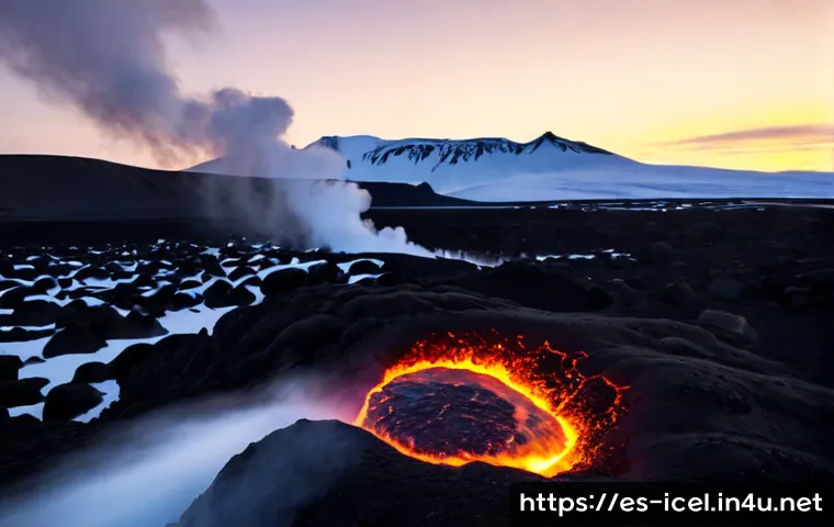 아이슬란드 화산 활동 - Photorealistic wide landscape of volcanic activity in Iceland, glowing lava flowing across dark blac...